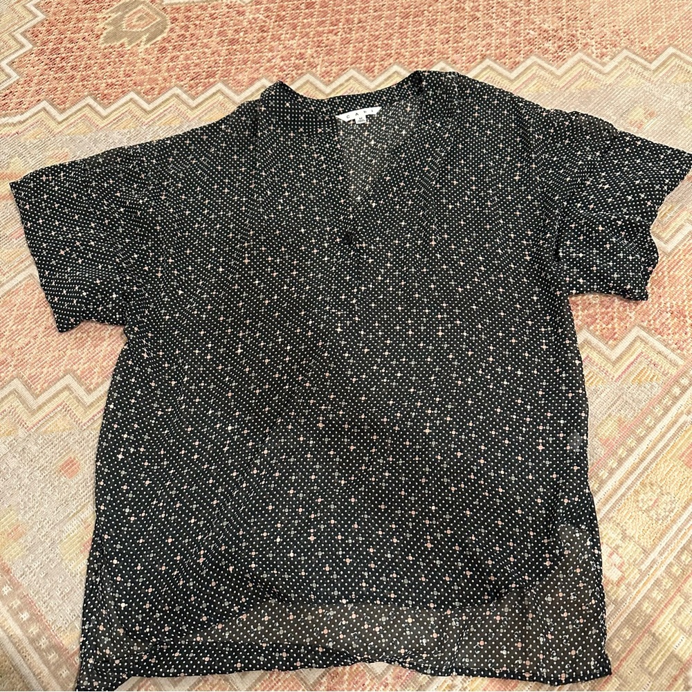 CAbi 239 Swiss Dot Sheer Top Short Sleeve Pink Polka Dot Hi Lo Hem